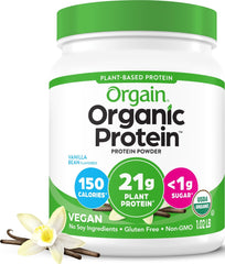 Orgain envase frontal mostrando vainilla y beneficios nutritivos