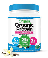Orgain frasco frontal mostrando sello orgánico y proteína 21g