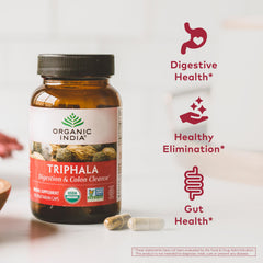 Organic India polvo de Triphala ampliado mostrando aspecto fino y puro