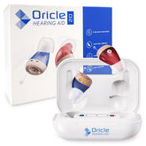 Oricle vista frontal del audífono y embalaje mostrando diseño compacto y discreción