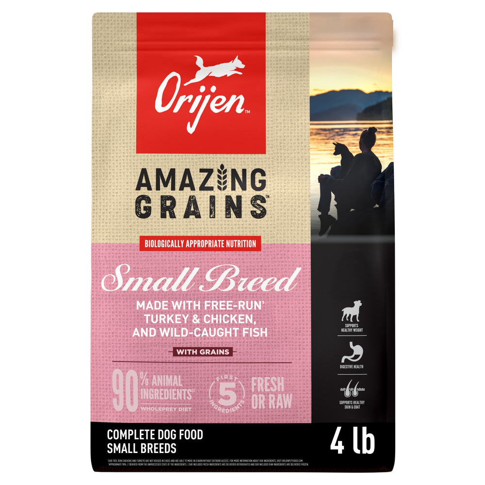 ORIJEN frente del envase 4 lb mostrando receta Small Breed y beneficios