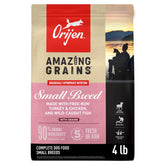 ORIJEN frente del envase 4 lb mostrando receta Small Breed y beneficios
