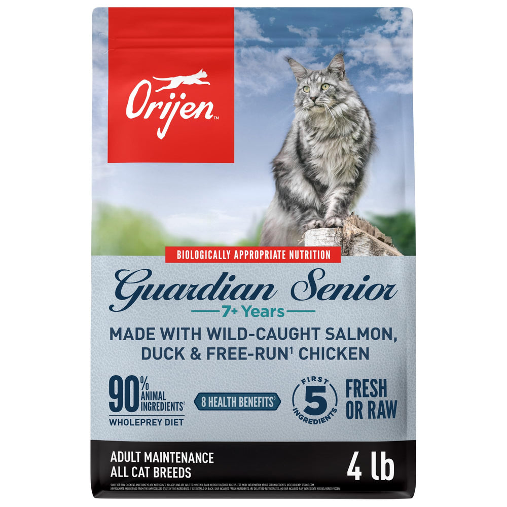 ORIJEN empaque frontal 4 lb mostrando fórmula Guardian Senior y beneficios