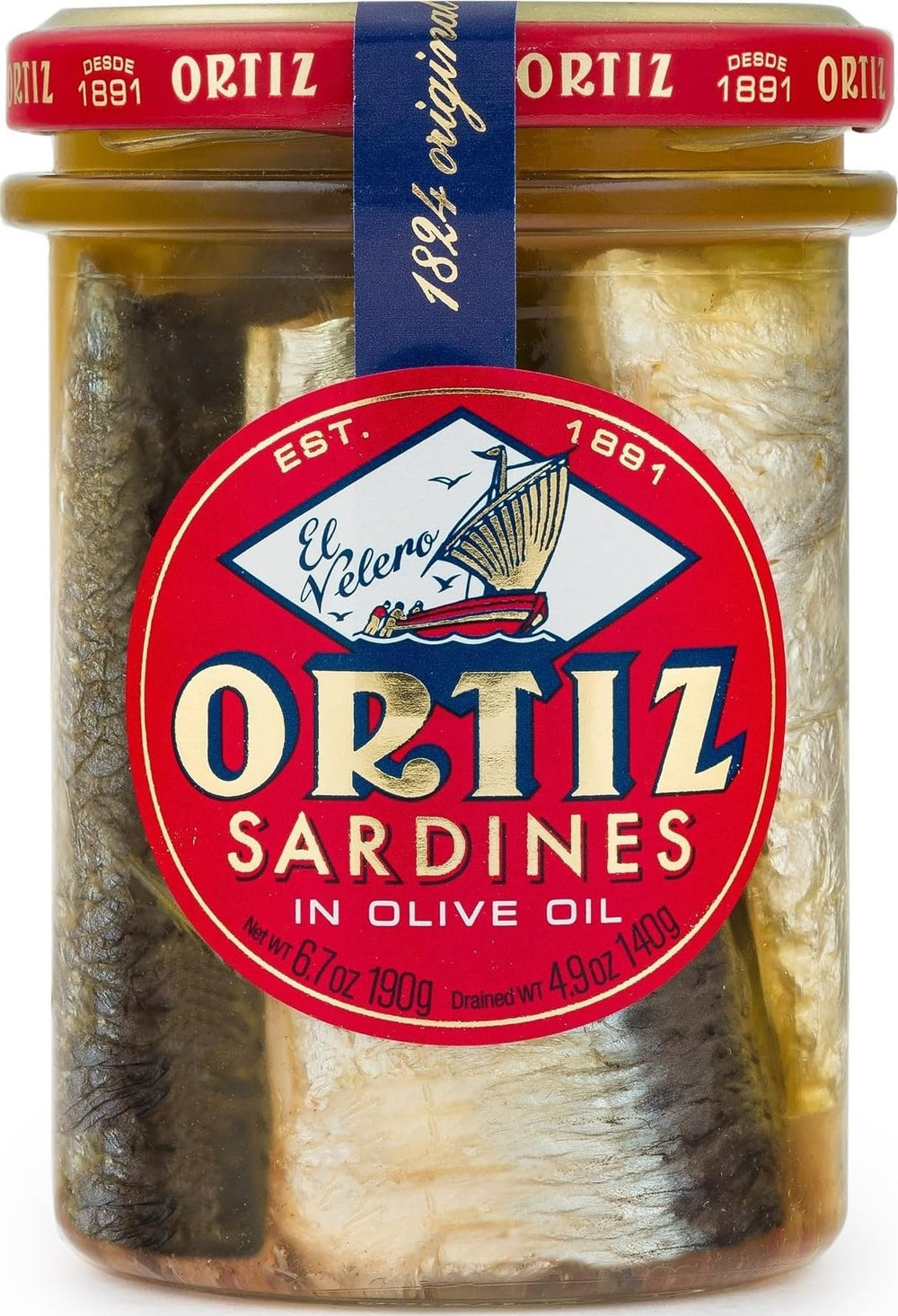 Ortiz frasco frontal mostrando sardinas en aceite, calidad premium