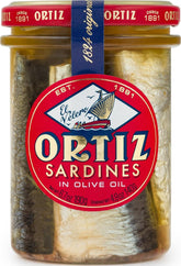 Ortiz frasco frontal mostrando sardinas en aceite, calidad premium
