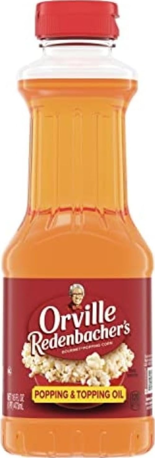 Orville Redenbacher's botella frontal mostrando contenido y marca, conveniencia almacenaje