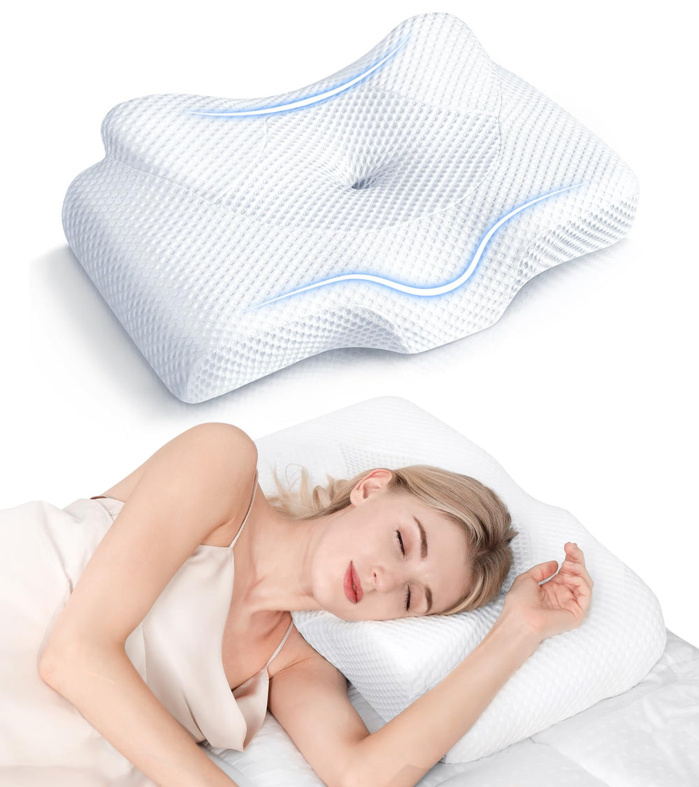 Osteo almohada frontal empaquetada mostrando forma ergonómica y beneficio de soporte
