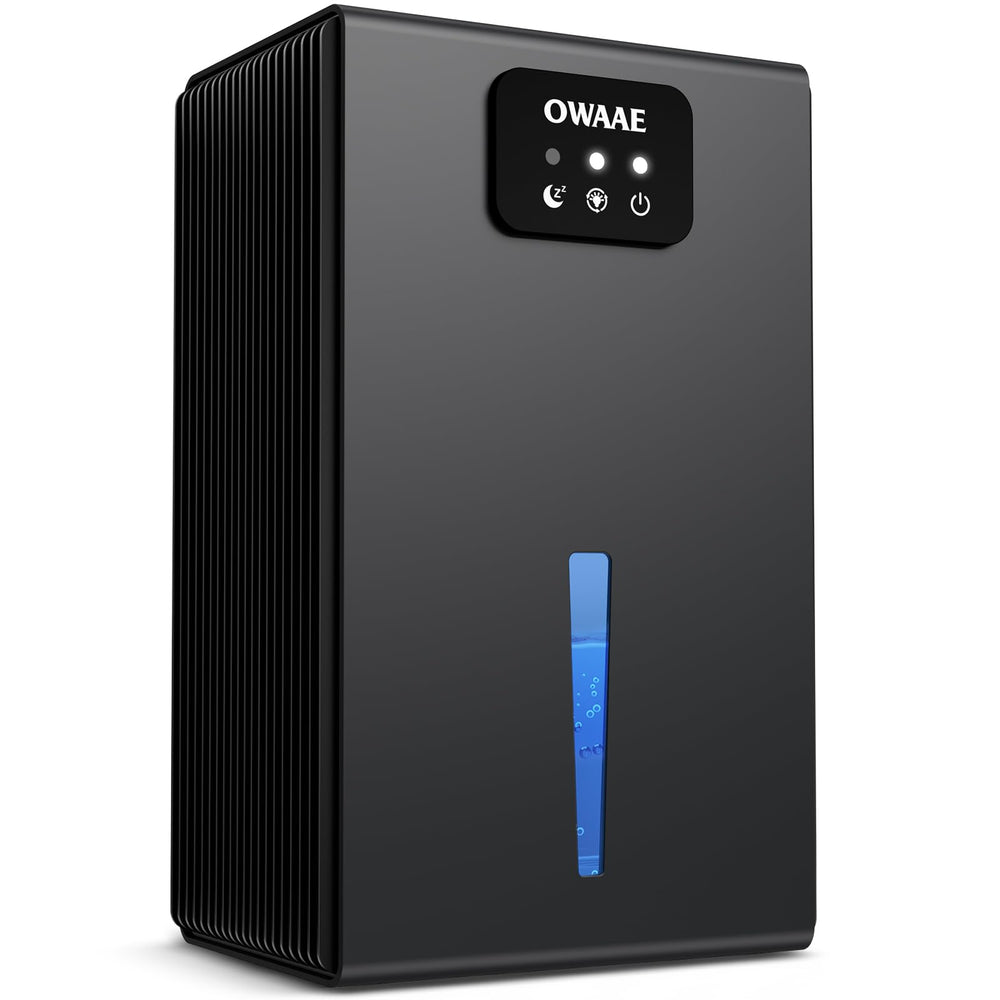 OWAAE vista frontal del deshumidificador mostrando diseño compacto y beneficio de ahorro de espacio