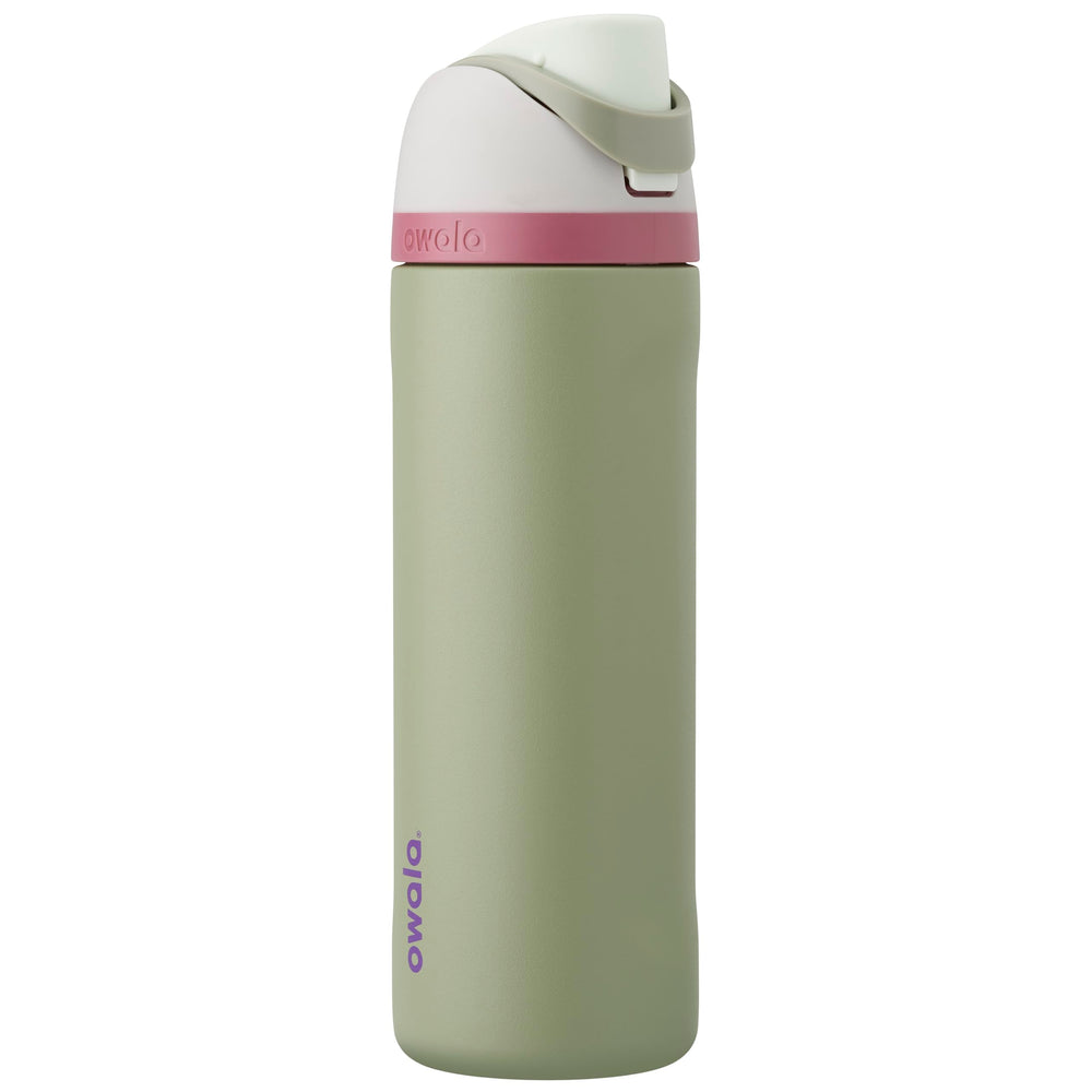 Owala botella FreeSip vista frontal en Neo Sage, fácil identificación y diseño