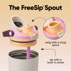 Owala FreeSip Sway detalle de la tapa con botón y cierre, protección antihumedad
