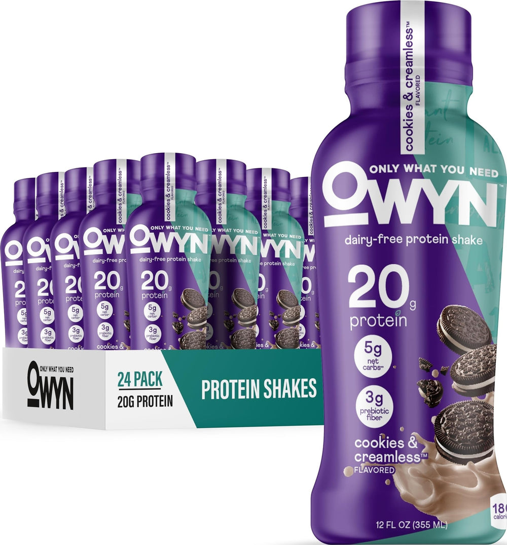 OWYN batido frontal con enfoque de envase, práctico para llevar