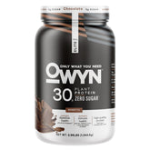 OWYN envase frontal chocolate 30g proteína vegana mostrando tamaño y marca