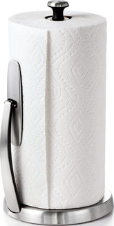 OXO SimplyTear vista frontal en acero inoxidable, mantiene el papel accesible