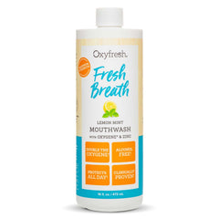 Oxyfresh botella frontal mostrando etiqueta y beneficio de aliento fresco