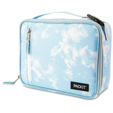 PackIt lonchera frontal azul Sky mostrando cierre y tamaño práctico