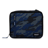 PackIt Sporty Camo Navy vista frontal mostrando diseño y cremallera, fácil transporte