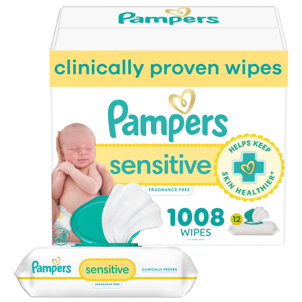 Pampers paquete frontal con 12 packs mostrando cantidad y tapa, práctico para hogares
