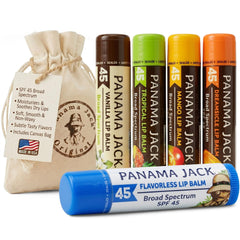 Panama Jack vista frontal del pack de cinco bálsamos, protección y variedad