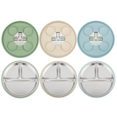 PandaEar platos frontales azul, verde y marrón mostrando diseño y colores prácticos