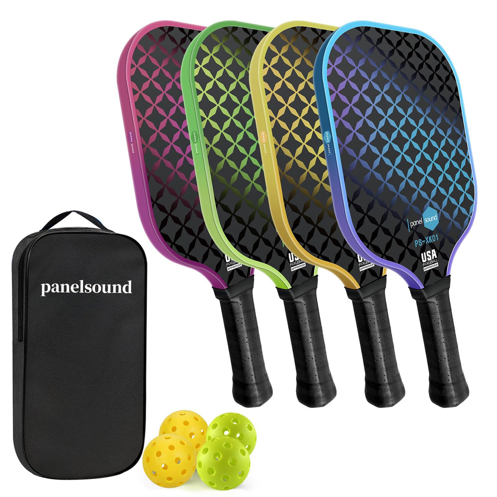 Panel Sound frontal del kit mostrando cuatro palas y pelotas listo para jugar