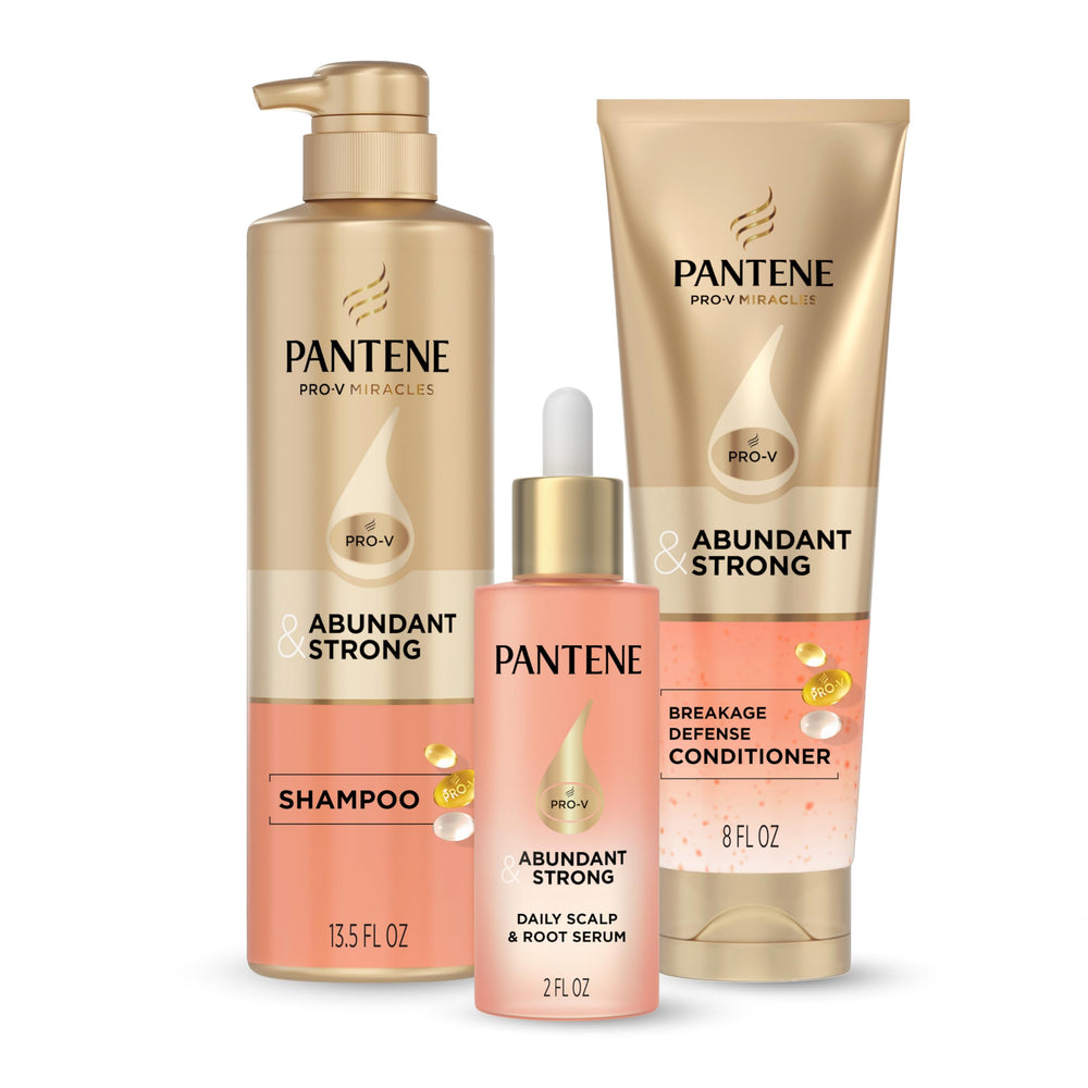 Pantene empaque frontal del régimen completo mostrando botellas y beneficios