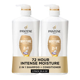 Pantene packaging frontal del 2‑en‑1 mostrando el envase y beneficio hidratante