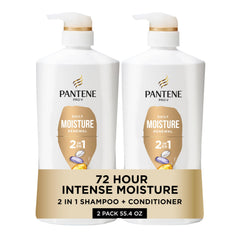 Pantene packaging frontal del 2‑en‑1 mostrando el envase y beneficio hidratante