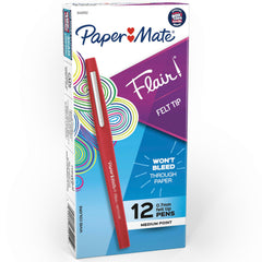 Paper Mate pack frontal mostrando 12 Flair rojos y claro contraste