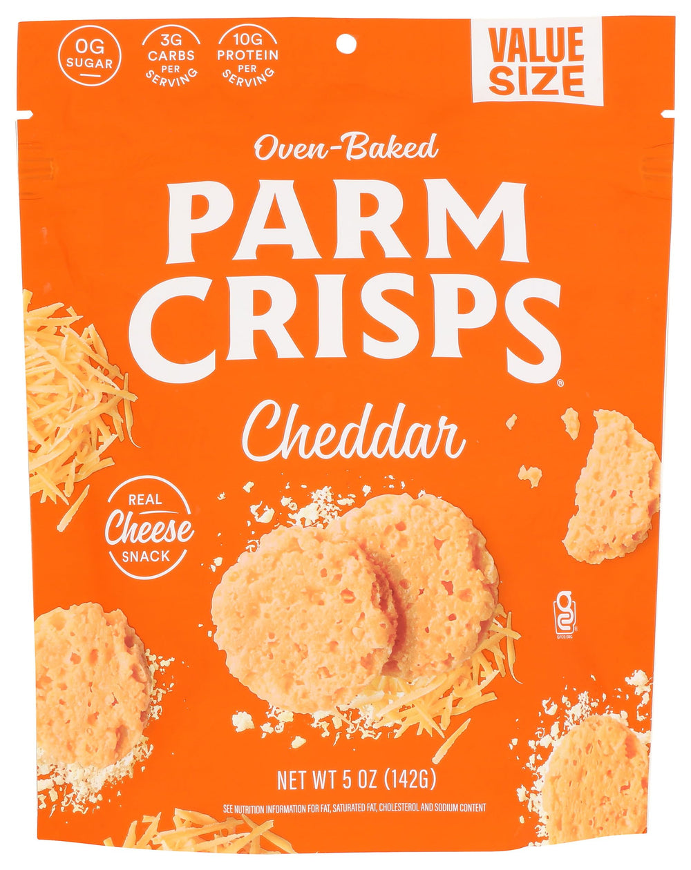 Parmcrisps frente del empaque mostrando sabor cheddar y tamaño familiar
