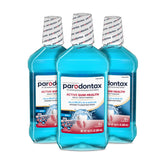 Parodontax pack frontal tres botellas mostrando ahorro y disponibilidad