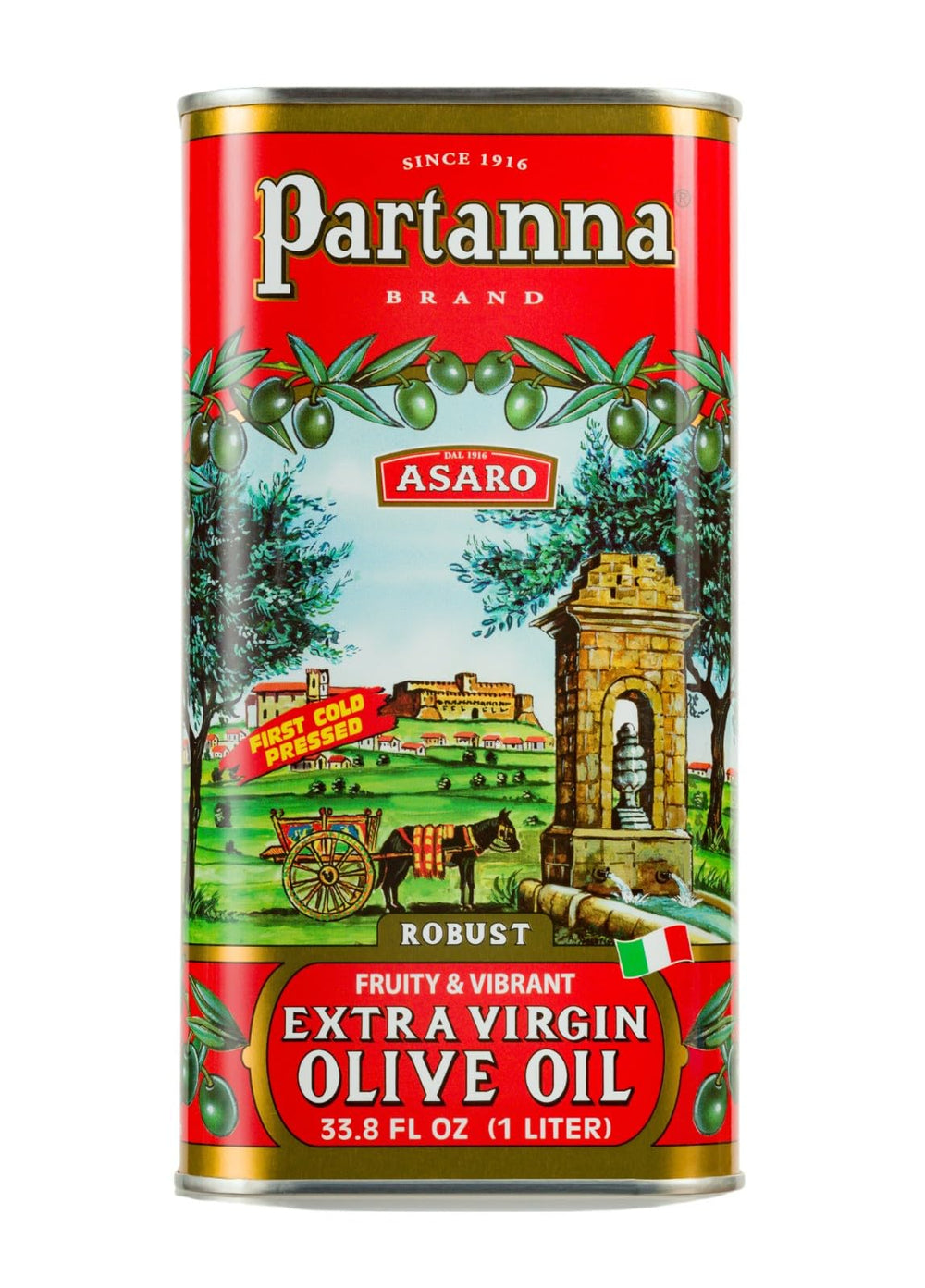 Partanna lata frontal mostrando etiqueta roja y protección contra luz