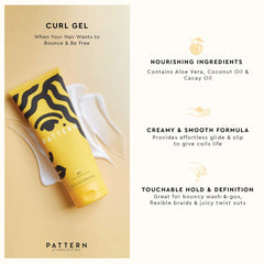 PATTERN textura cremosa del Curl Gel en primer plano que resalta su fácil distribución