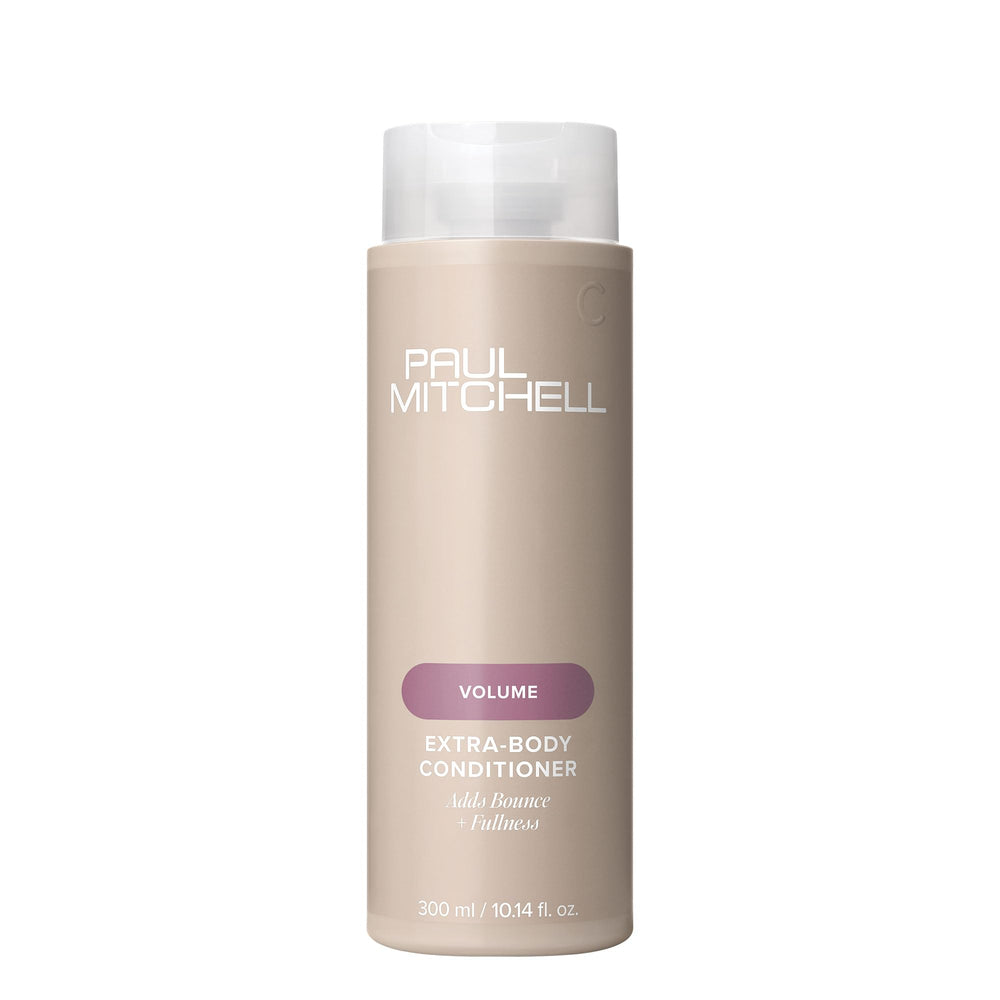 Paul Mitchell Extra-Body frontal del envase mostrando marca y diseño; volumen profesional