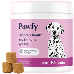 Pawfy frontal del envase mostrando la marca y beneficios para piel y pelaje