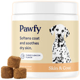 Pawfy envase frontal mostrando 30 chews para piel y pelaje, conveniencia diaria