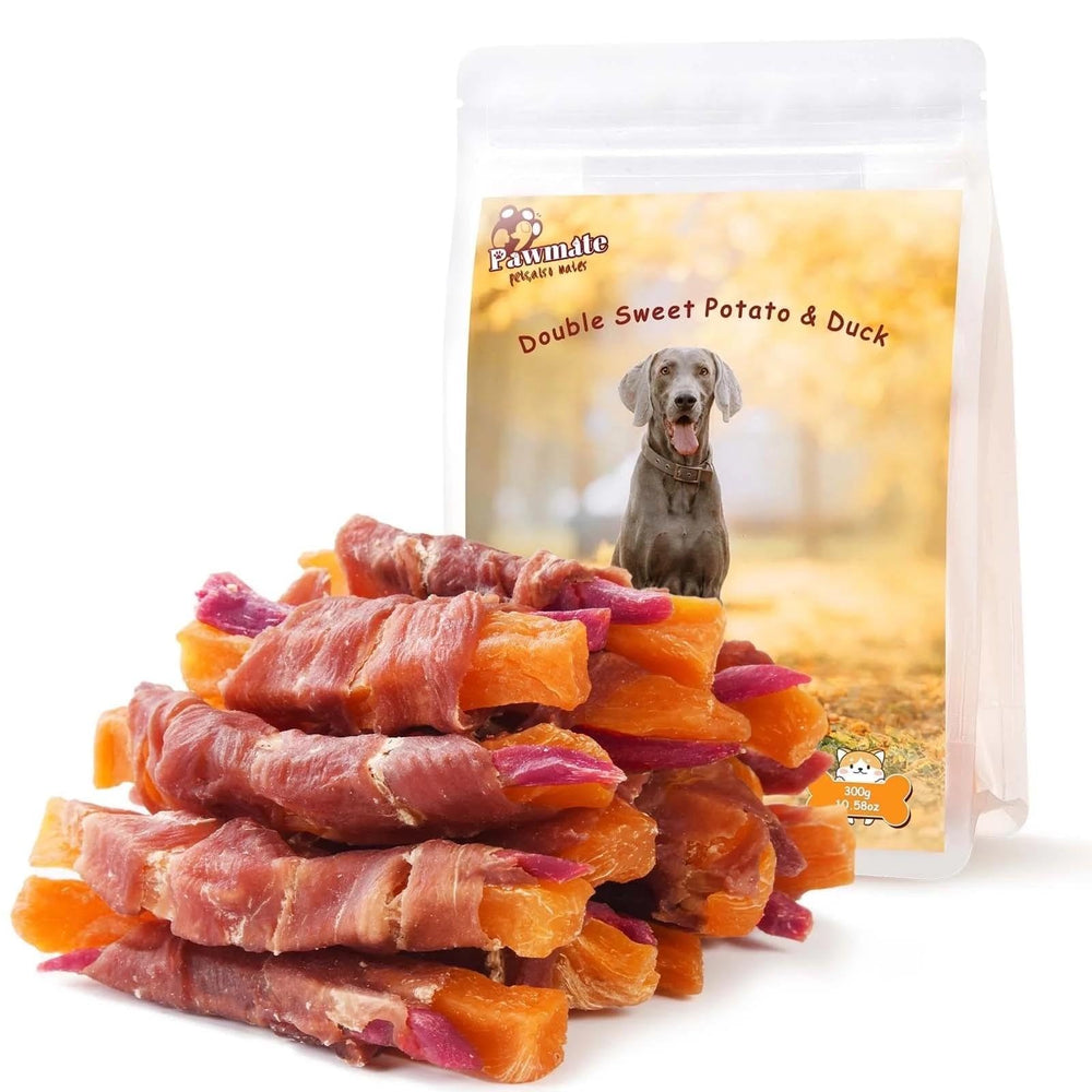 Pawmate paquete frontal mostrando tiras de pato envueltas y beneficio nutricional