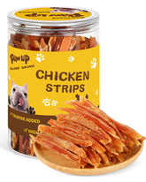PAWUP empaque frontal mostrando tiras de pollo y beneficio de proteína
