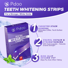 Pdoo persona aplicando tiras moradas y sonriendo con comodidad