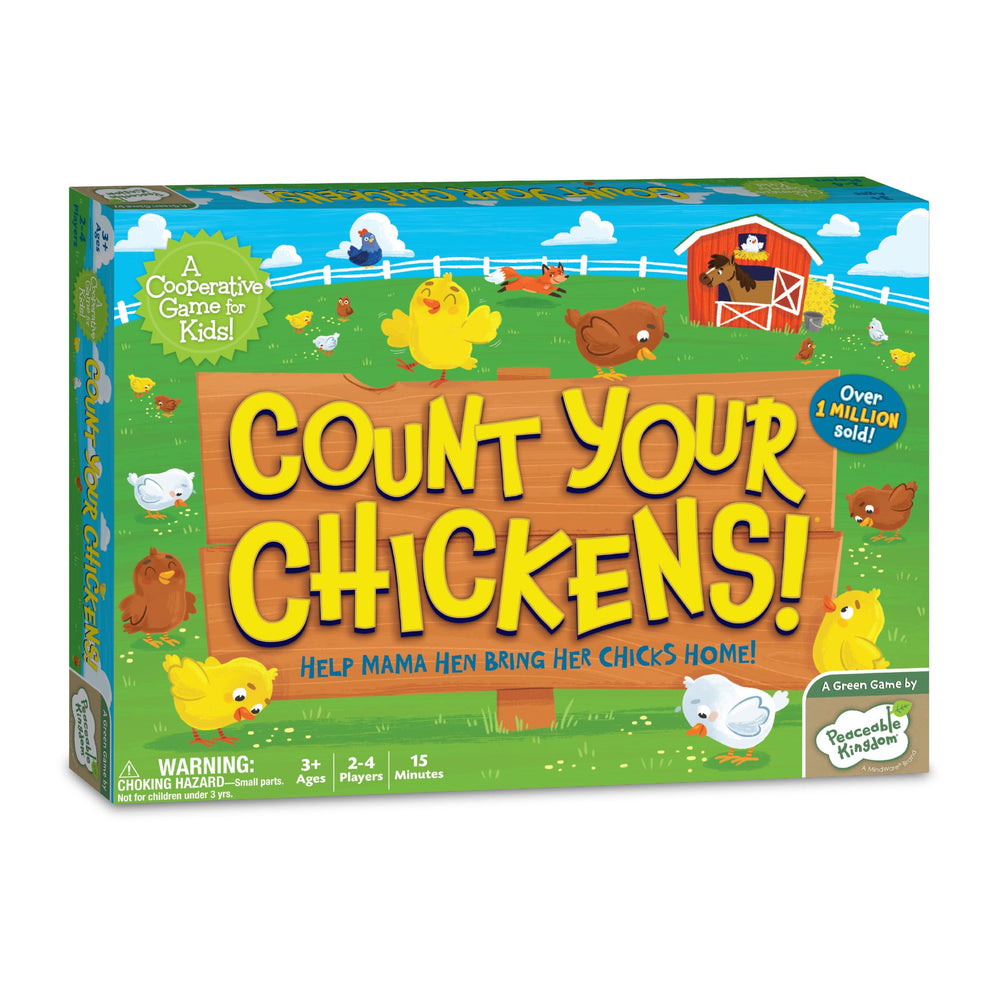 Peaceable Kingdom caja frontal Count Your Chickens, presentación clara y amigable