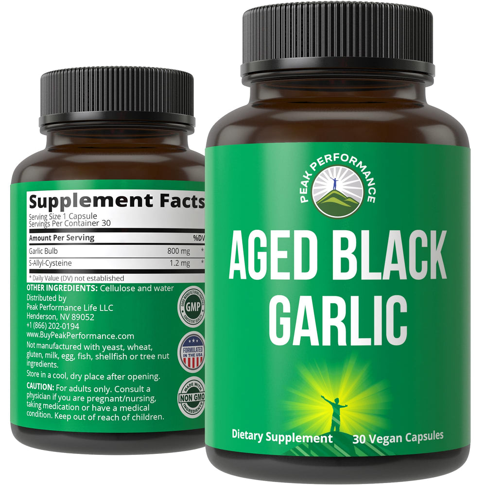 Peak Performance envase frontal de ajo negro, aspecto profesional y confianza
