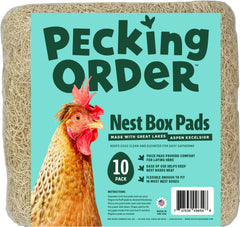 Pecking Order frente del paquete de almohadillas mostrando tamaño y cantidad, facilita reposición rápida