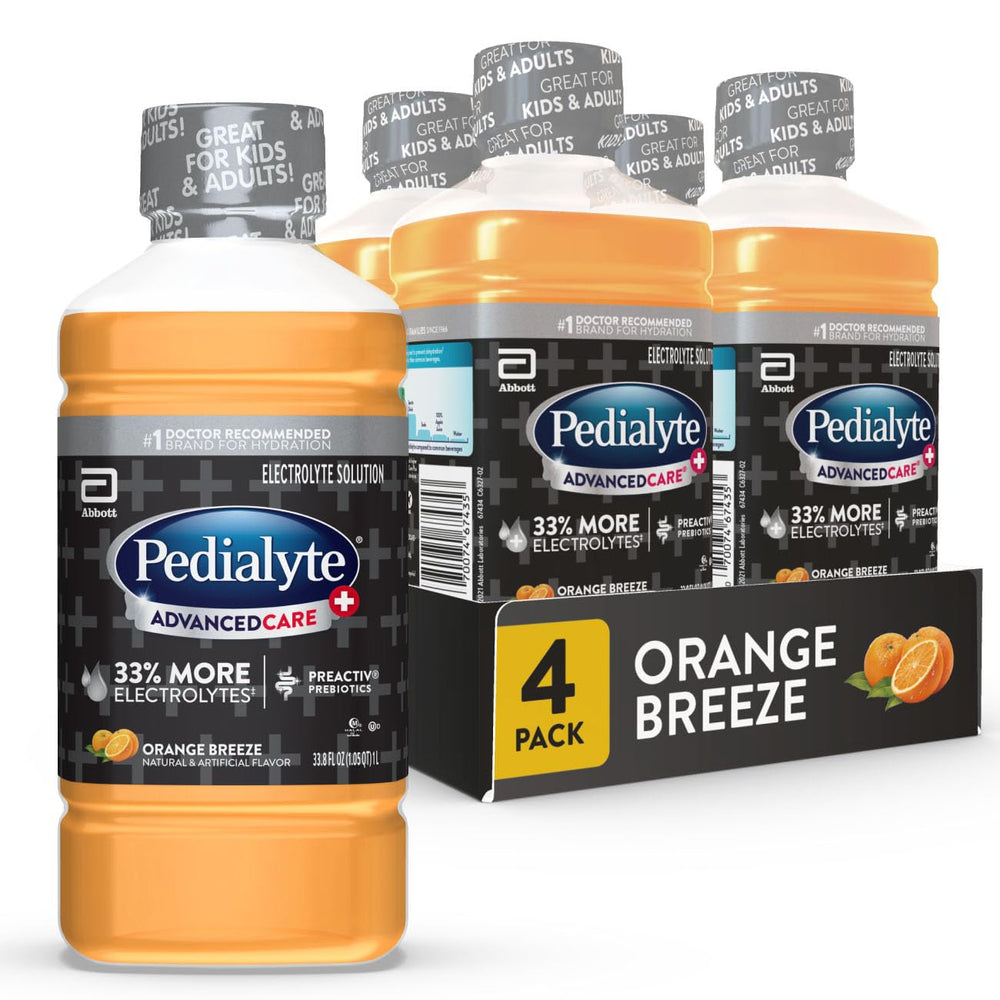 Pedialyte AdvancedCare Plus frente de la botella mostrando el envase y beneficio de rehidratación rápida