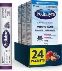 Pedialyte caja frontal variedad mostrando sobres y beneficios de rehidratación