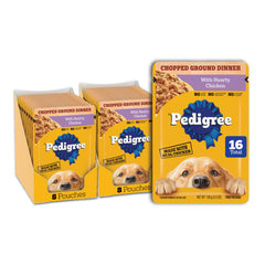 Pedigree bolsa frontal Chopped Ground Dinner mostrando diseño y beneficio práctico