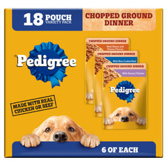 Pedigree sobre frontal mostrando diseño y sello de comida completa para perros