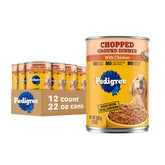 Pedigree lata frente mostrando etiqueta y pollo real, conveniencia para dueños