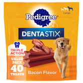 Pedigree paquete frontal mostrando 40 unidades y sabor tocino, beneficio conveniencia