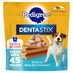 Pedigree Dentastix paquete frontal mostrando 45 unidades y beneficios