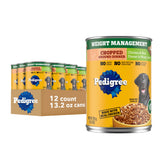 Pedigree lata frontal con pollo y arroz mostrando la etiqueta y beneficio de control de peso
