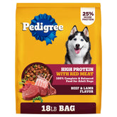 Pedigree front of bag showing Beef & Lamb flavor and benefits